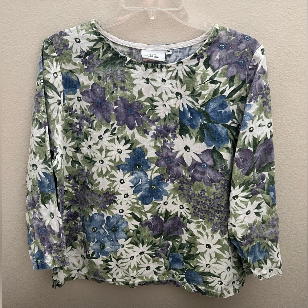 Hot Cotton Blue Purple Green White Floral Boatneck Top Size M